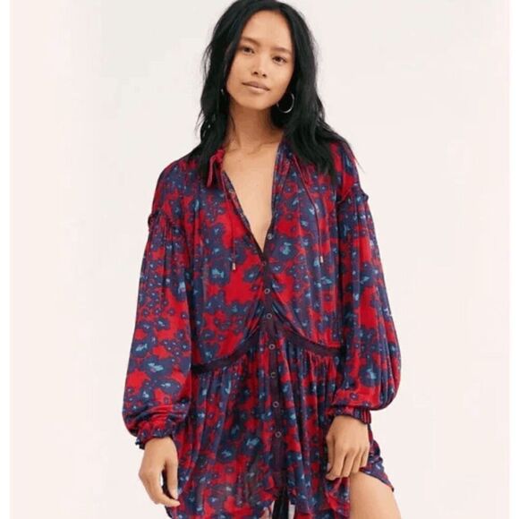 NWT Free People Love Letter Tunic Top in Merlot Combo Red Blue Size Medium